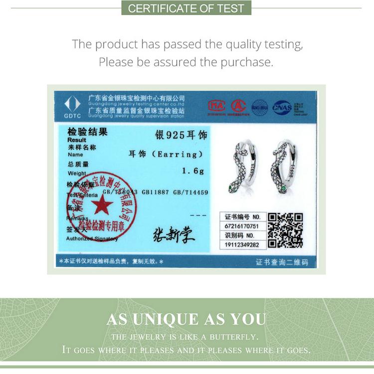 BAMOER 925 Sterling Silver Snake Ear Buckles Inlaid with Green Zirconium Women Hoop Earrings Fine Jewelry Women Statement Gift