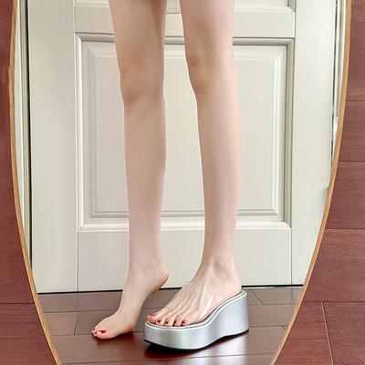 Маленькие сандалии-шлепанцы на толстой танкетке, женская летняя обувь, прозрачное слово с сандалиями на высоком каблуке-маффине