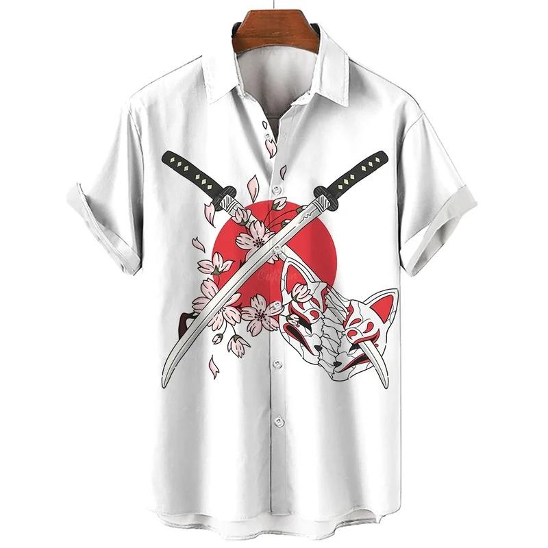 Summer Oversized Men's Hawaiian Shirt Short Sleeve Cardigan Top 3D Printed Japanese Samurai Pattern Casual Fashion Men's Shirt