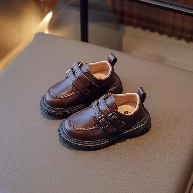 Мокасины для мальчиков, британский стиль 2024, детские коричневые туфли с двойной пряжкой и круглым носком, модная детская кожаная обувь для девочек, школьная обувь