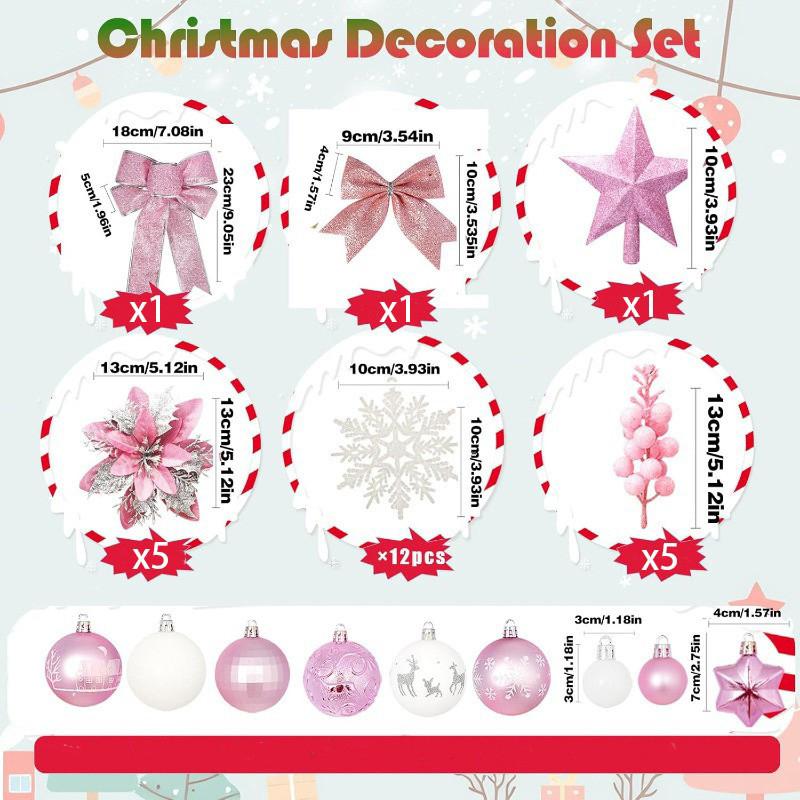 Christmas Tree Decoration 2026 Pink Balls Ornaments Glitter Poinsettia Flowers Berries Stems Snowflakes Bow Home Decor DIY Gifts
