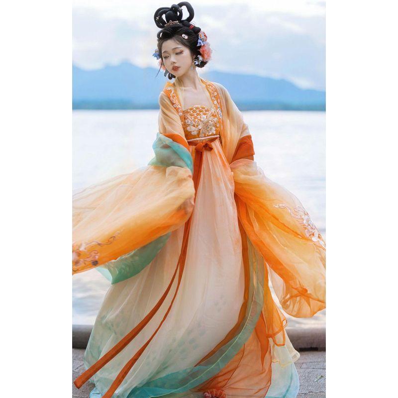 Hanfu градиентный костюм с принтом рыбьей чешуи градиентная рубашка с большими рукавами Koi Hanfu элегантная женская одежда феи