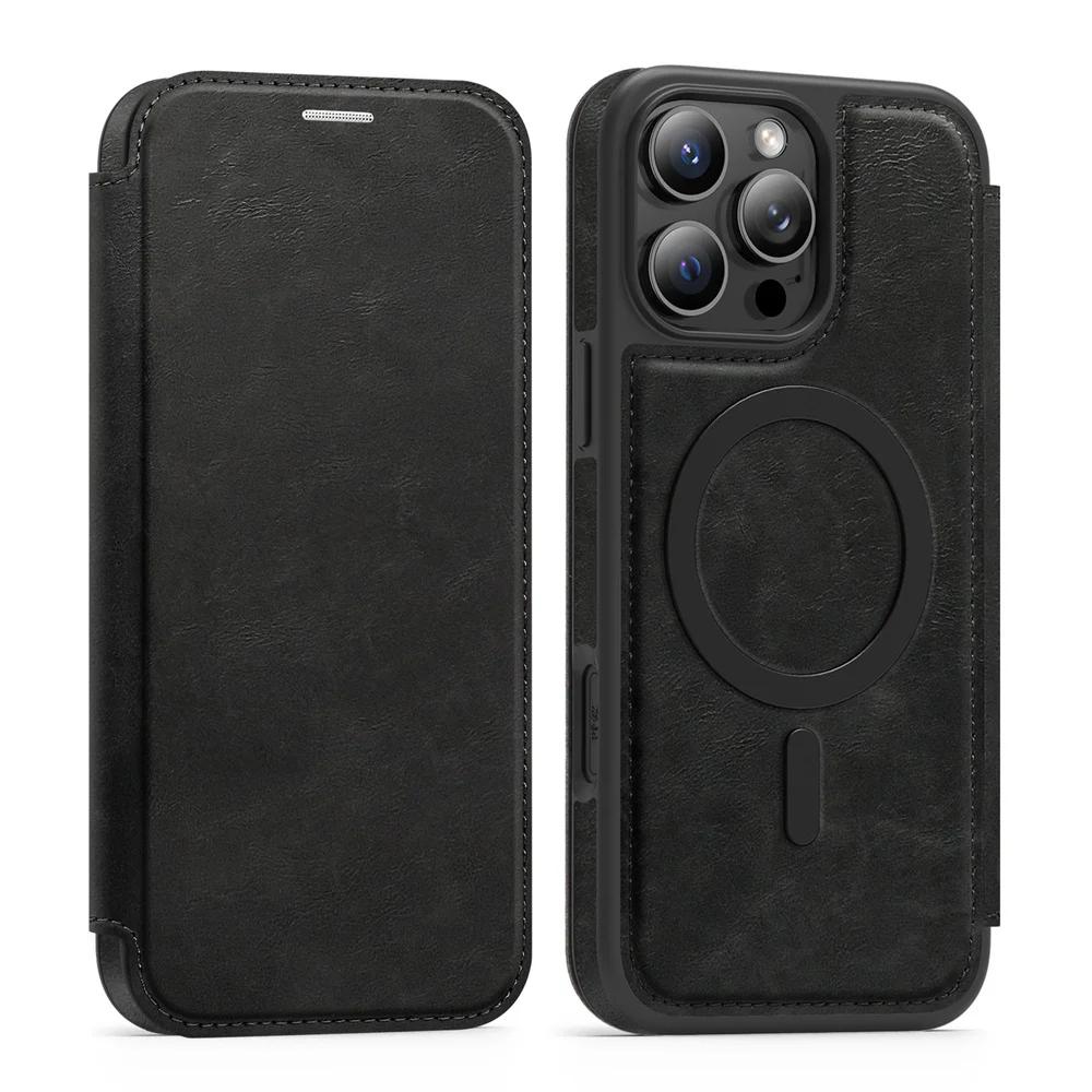 Для кожаного чехла-книжки MagSafe для iPhone 16E 16 15 Plus 14 13 12 11 Pro Max, кошелек с блокировкой RFID и держателем для карт, чехол