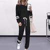2 Pcs/Set Women Top Pants Suit Round Neck Long Sleeves Striped Solid Color Sweatshirt Drawstring Elastic Waist Trousers Daily Wear Sport Outfit
