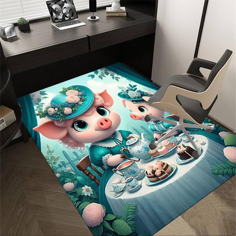 1PC Tea Party Pig Extra Large Non-Slip Floor carpet, Office, family, bedroom, Studio - Large Area Rug Indoor Rugs, Vibrant Colors-W279