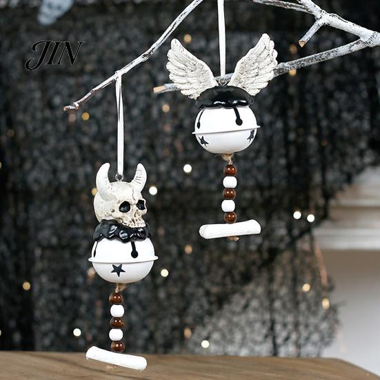 Durable Halloween Ornament Jingle Bell Ornament, Gothic Bull Skull/Angel Wings Hanging Decoration for Tree, Party Home Decor Seasonal