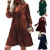 Spring Fall Women Dress Golden Velvet V Neck Pleated Patchwork Long Sleeves A-line Solid Color Knee Length Dating Shopping Midi Dress