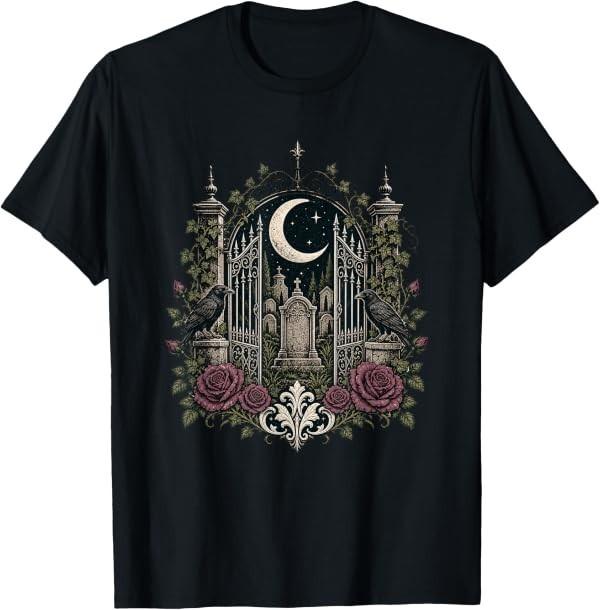 Gothic Cemetery Gate Raven Rose Design | Dark Academia Moon T-Shirt