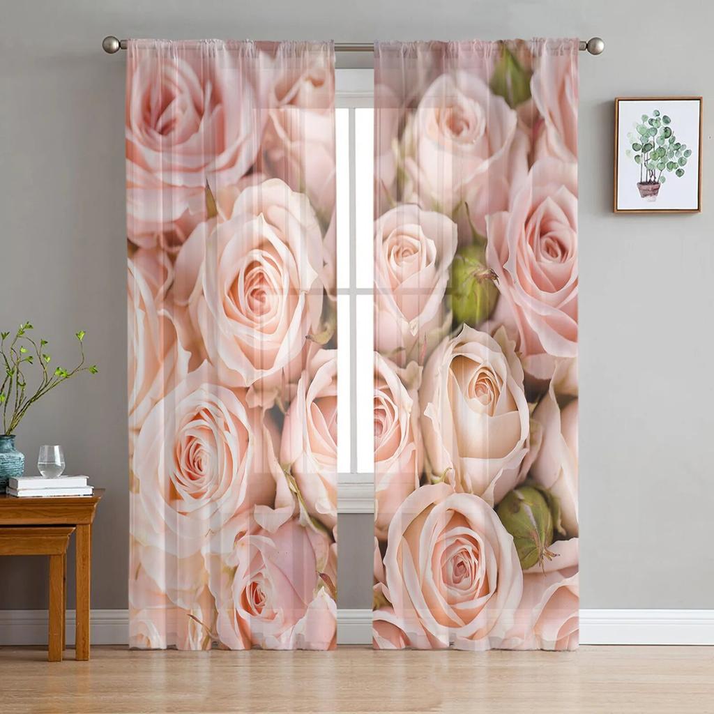 Pink Rose Romantic Luxury Tulle Curtains Modern Living Room Kitchen Chiffon Curtain Bedroom Sheer Valance Curtain