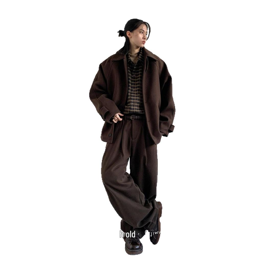 Унисекс Ретро Кофейное Шерстяное Пальто с Рукавами Реглан