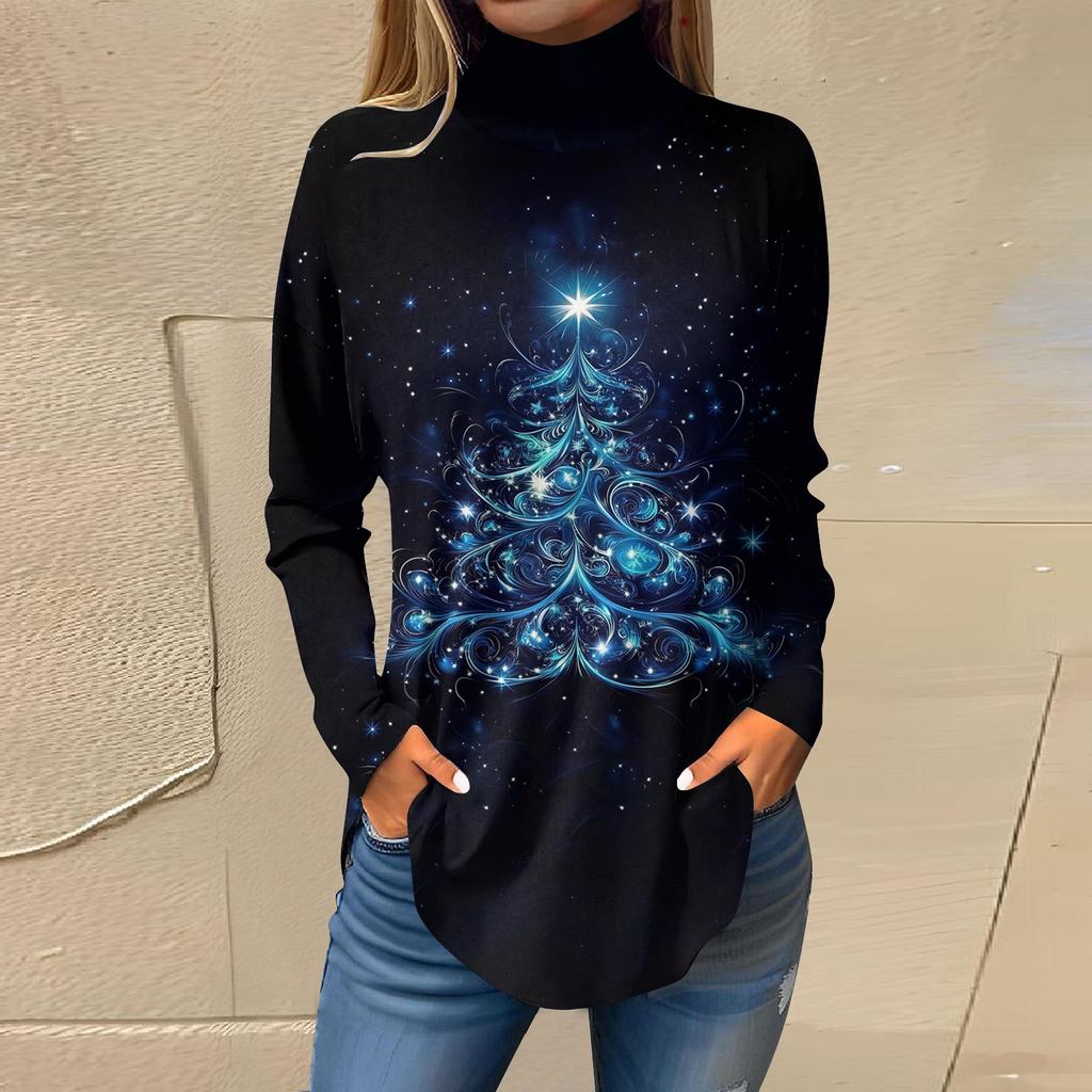Женская модная повседневная футболка с длинным рукавом с высоким воротом и принтом, пуловер, топ