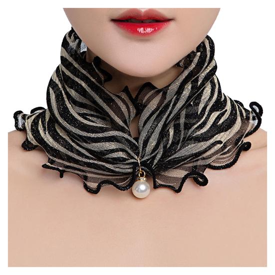 Faux Silk Scarf Lightweight Mesh Soft Shiny Touch Edge-covered Design Scarf with Faux Pearl Decor Neck Decoration