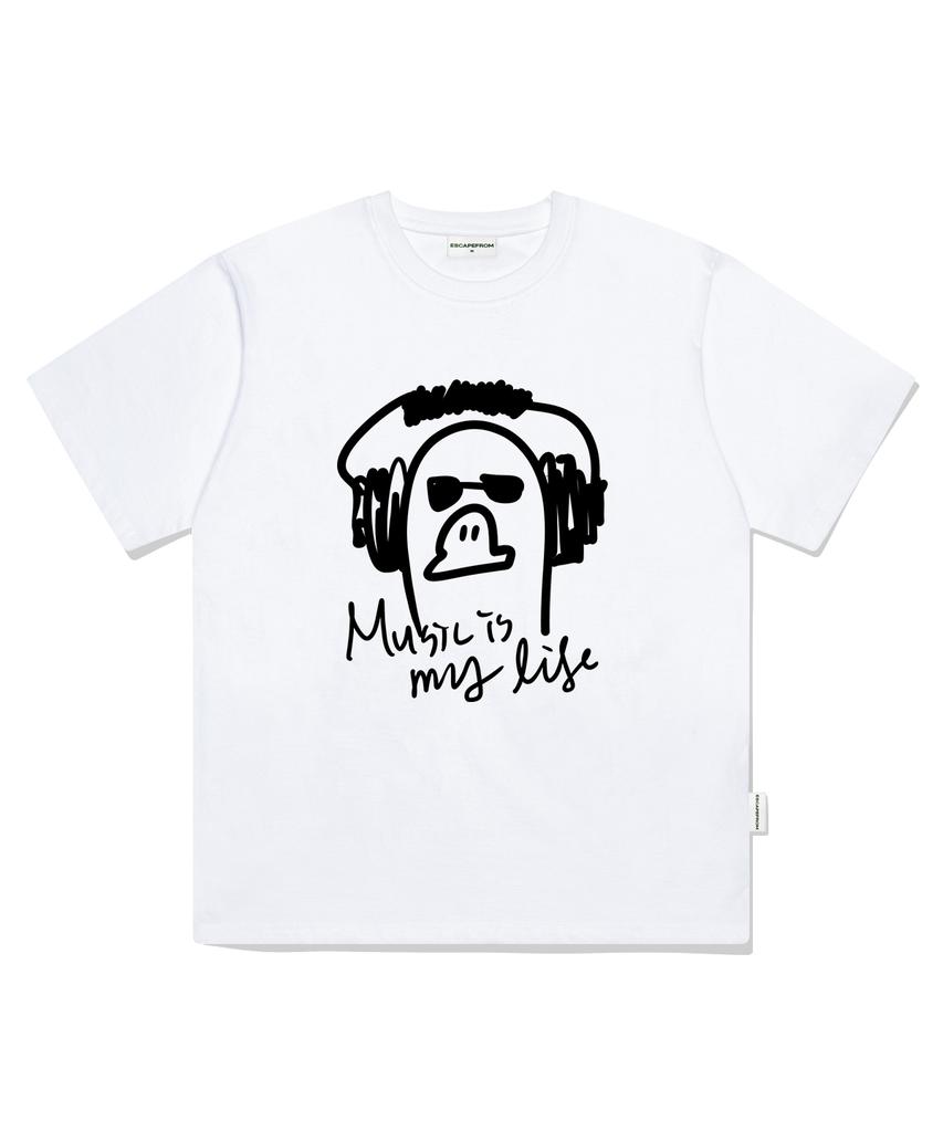 ESCAPEFROM Белая футболка оверсайз с коротким рукавом и принтом 'Music Is My Life'