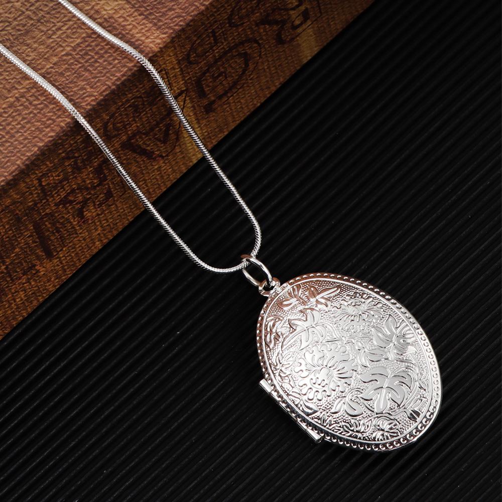 Charm women’s sanke Chain Round Box Pendant Photo Locket Necklace Silver Plated