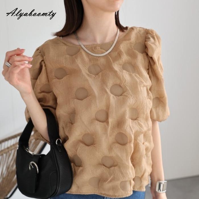 Korean Style Summer Women Stylish Top Brief O Neck Black Beige Brown Streetwear Blouse Puff Sleeve Elegant Feminine Ladies' Shirt