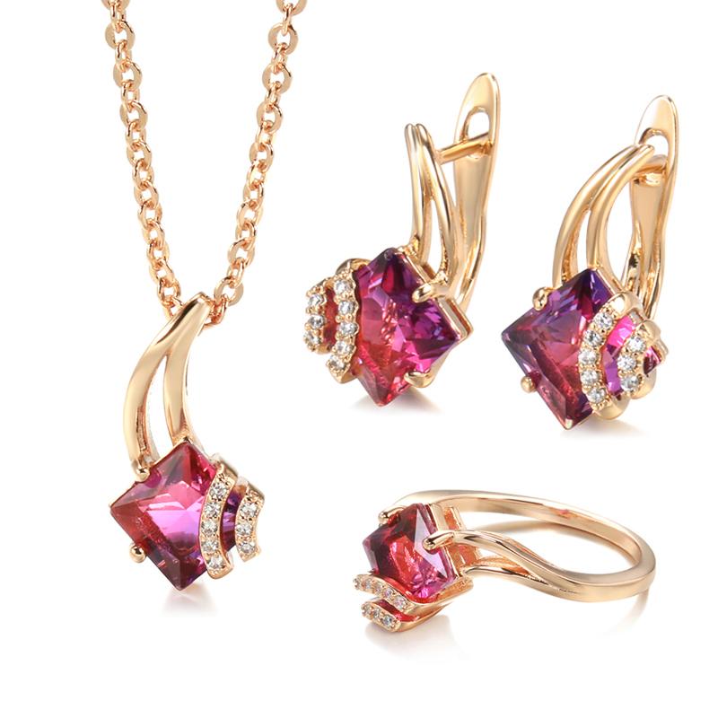Kinel Shiny Red Natural Zircon Jewelry Sets Rose Gold Color Vintage Necklace Earrings And Ring Sets