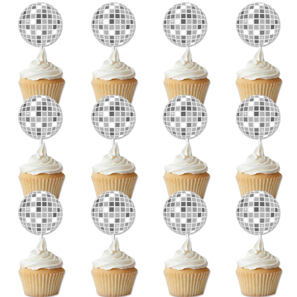 12/24pcs Glitter Disco Ball Cake Toppers 1970s Disco Ball Cake Picks Disco Theme Dance Birthday Bachelorette Party Decoration