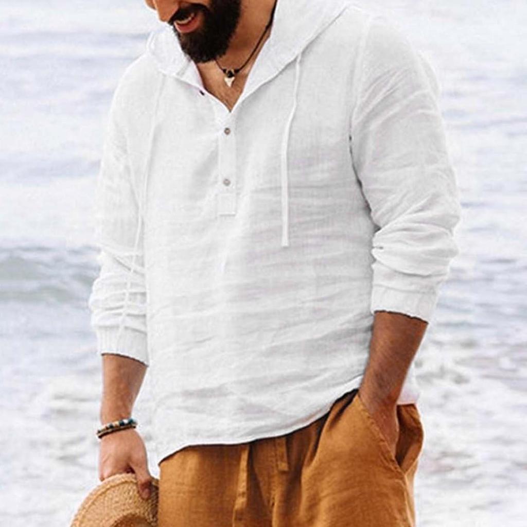 Мужские рубашки с капюшоном, однотонные топы с длинными рукавами, повседневные пуговицы, хлопок и лен, винтажные летние пляжные рубашки