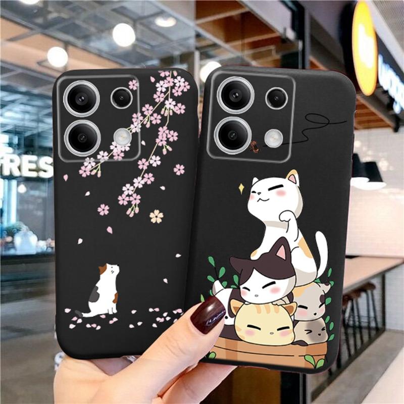 Чехол для телефона Redmi 13C 4G 12C A3 A2 A1 Plus Note 13 Pro для Xiaomi 14 Poco C65 X6 X3 Pro противоударный бампер с цветочным котом и мраморным рисунком, черный чехол