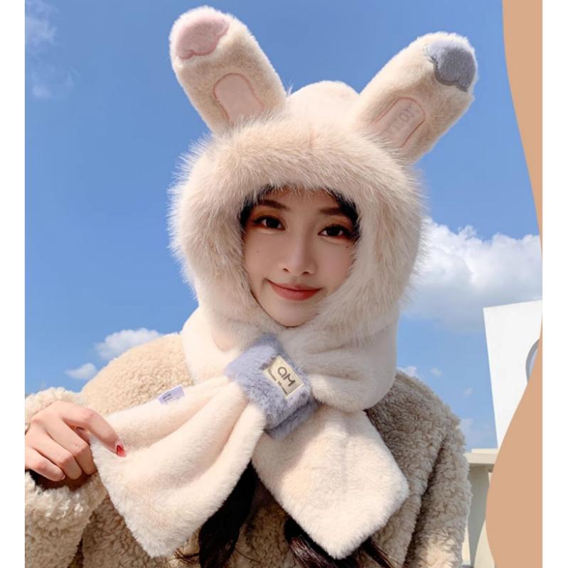 New Fashion Thickened Hat Scarf with Cute Ears Plush Winter Women's Hats Beanies Pompom Knit Bonnet Fluffy Winter Cap Bomber Hats For Women