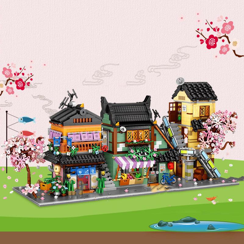 3In1 Japan City Street View Mini Block Ramen Restaurant Apartment Fruits Vegetable Shop Building Bricks Construction Toys