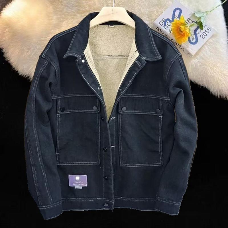 Джинсовая куртка мужская шерпа осень и зима плюс бархат утолщенная теплая хлопковая куртка свободная и красивая корейский стиль модная куртка для пары