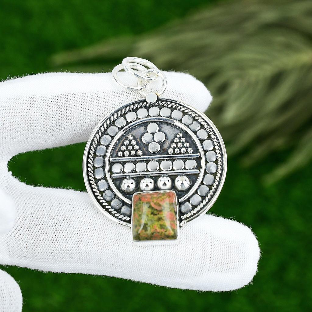 Memorial Day Sale Radiant Unakite Gemstone Heart Chakra Pendant Sterling Silver