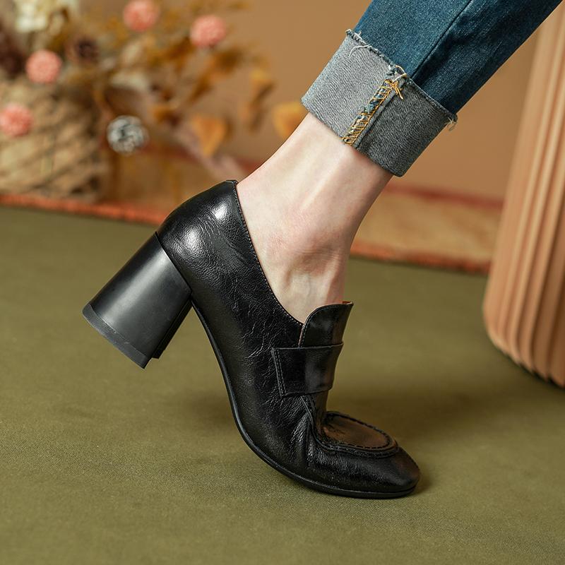 Базовые туфли-лодочки в стиле ретро для женщин, весна-лето, круглый носок, толстый каблук, женские туфли-лодочки из натуральной кожи для работы, для зрелых офисных леди 2024