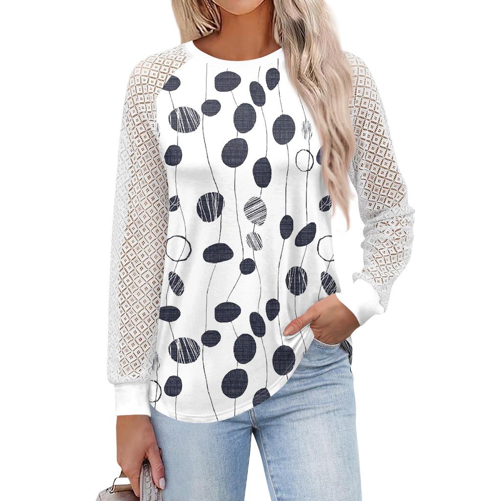 Женские футболки с длинным рукавом, топы с круглым вырезом и кружевом, повседневные блузки, модные топы
