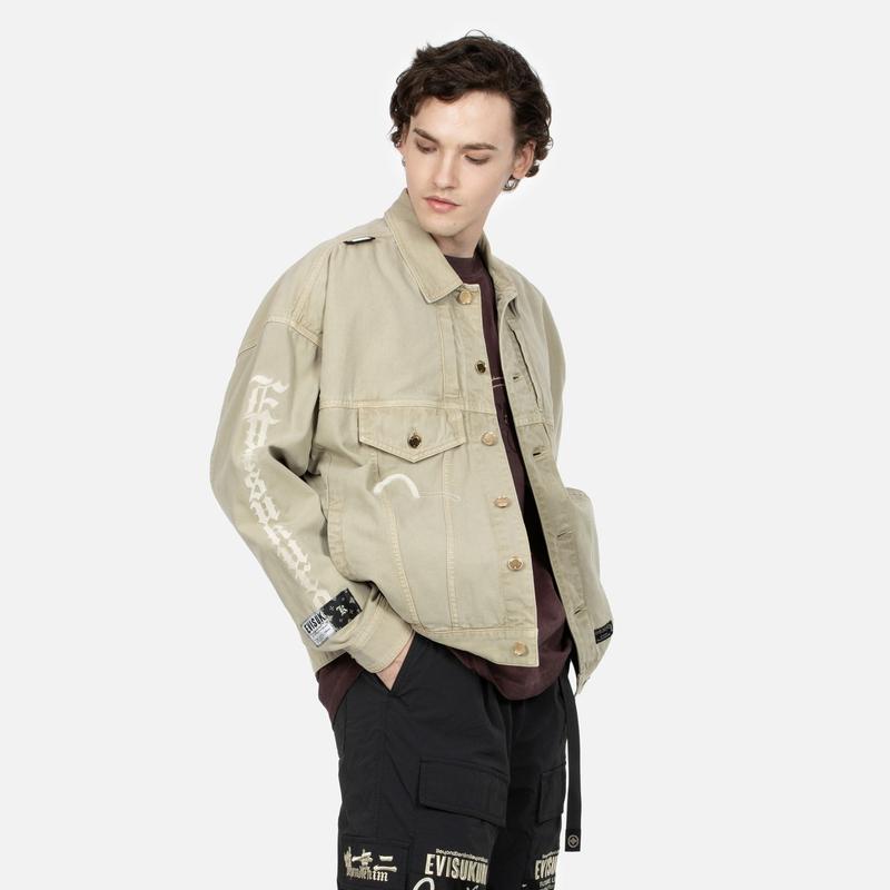 Evisu Осень-Зима 23 Вышитый Логотип Стильная Рабочая Куртка с Эффектом Стирки Мужские Куртки Серый Зеленый 2EAGNM3JK5112FFCT