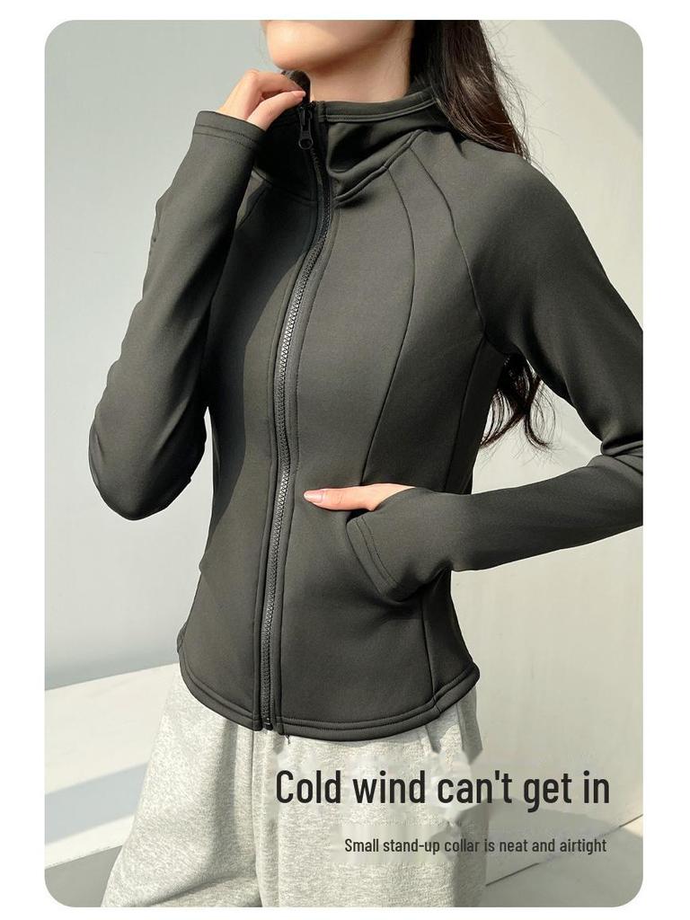 Женская облегающая куртка для йоги с капюшоном H675 - осенне-зимний бархат, утолщенная, ветрозащитная, теплый верх