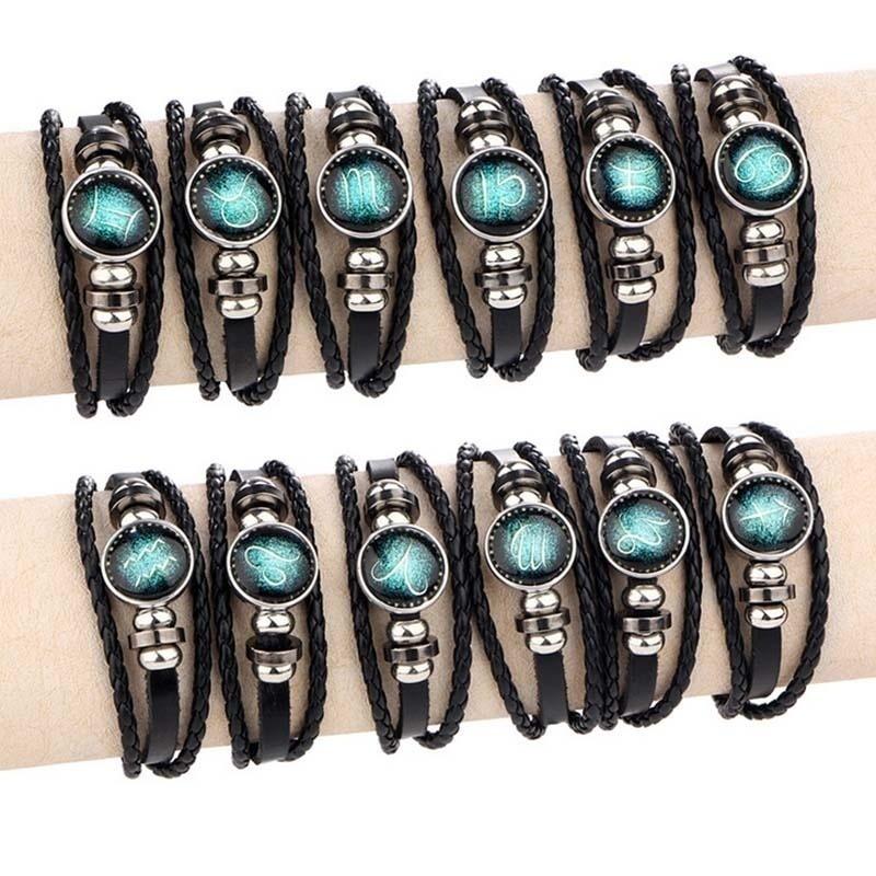 12 Браслет Созвездие Snap Мужской Очаровательный Кожаный Браслет Мужские Плетеные Браслеты Гороскоп