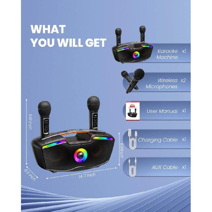 Bluetooth караоке-машина для взрослых и детей, 80 Вт портативная колонка с 2 беспроводными микрофонами, регулировка эха, поддержка USB/AUX/TF-карты