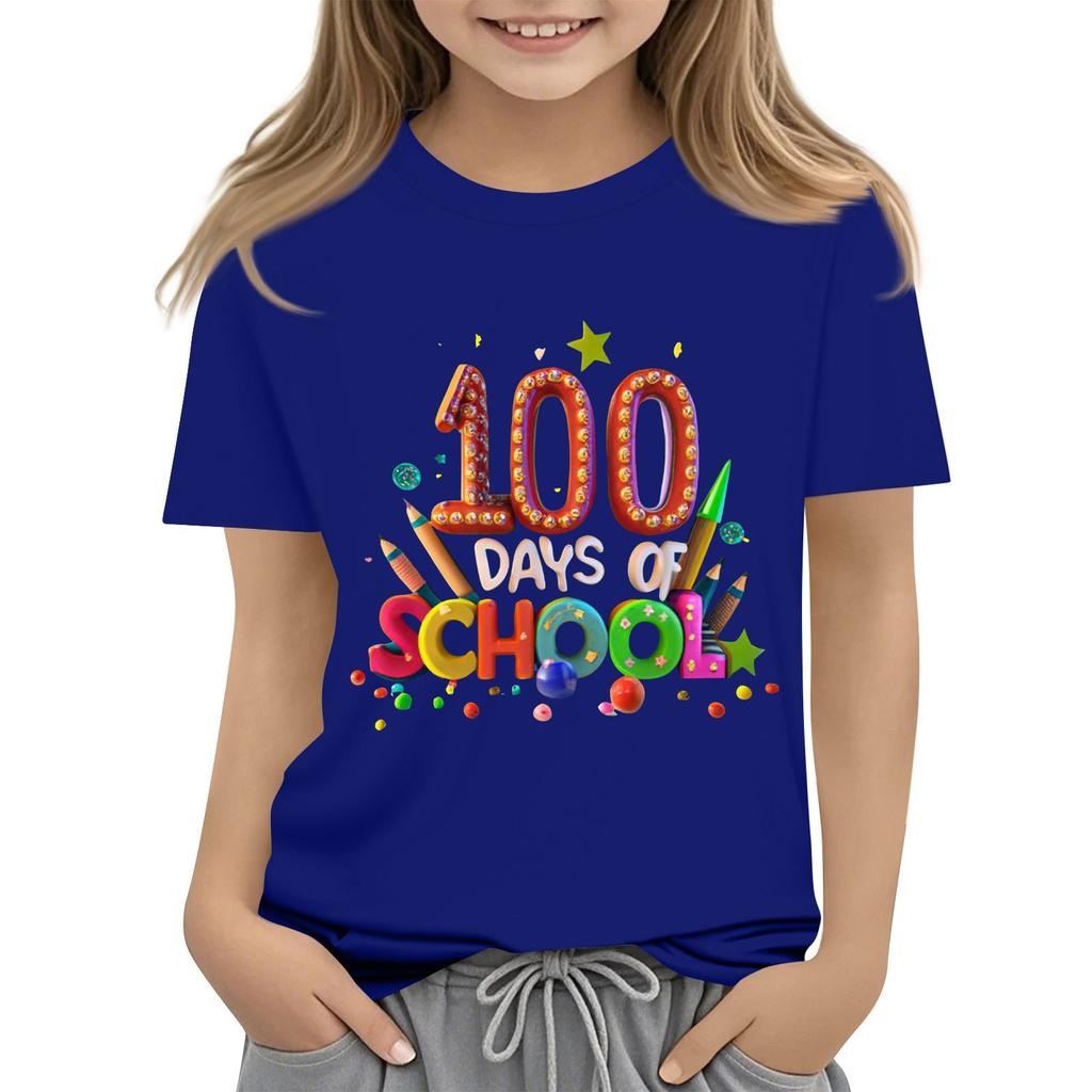 Happy 100th Day Of School Girls Boys Short Sleeve T Shirts Kids Tops Crewneck Tees