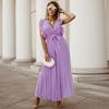 Women's V Neck Ruffle Sleeve Solid Color A Line High Waist Casual Long Dress
