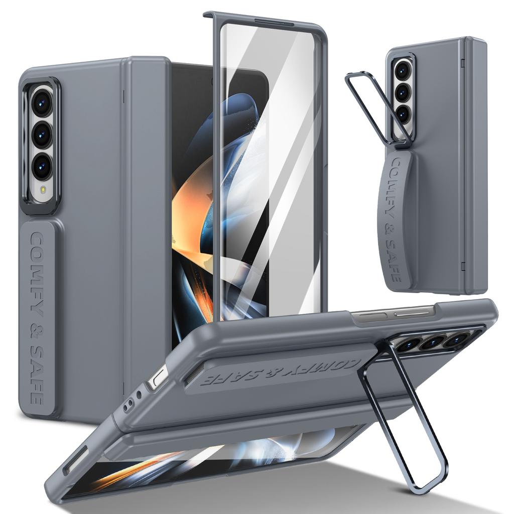 For Samsung Galaxy Z Fold 4 Lens Holder External Elastic Wristband 9H Tempered Glass Shell Film Integrated Phone Case