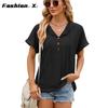 2024 весна и лето, новая однотонная свободная футболка с короткими рукавами и пуговицами, топ для женщин