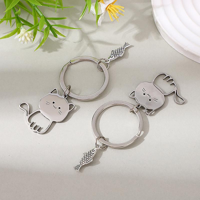 Funny Cartoon Cat Fish Keychain Couple Lovers Stainless Steel Keyring Lovely Pendant Key Chain Valentine'S Day Gift Jewelry