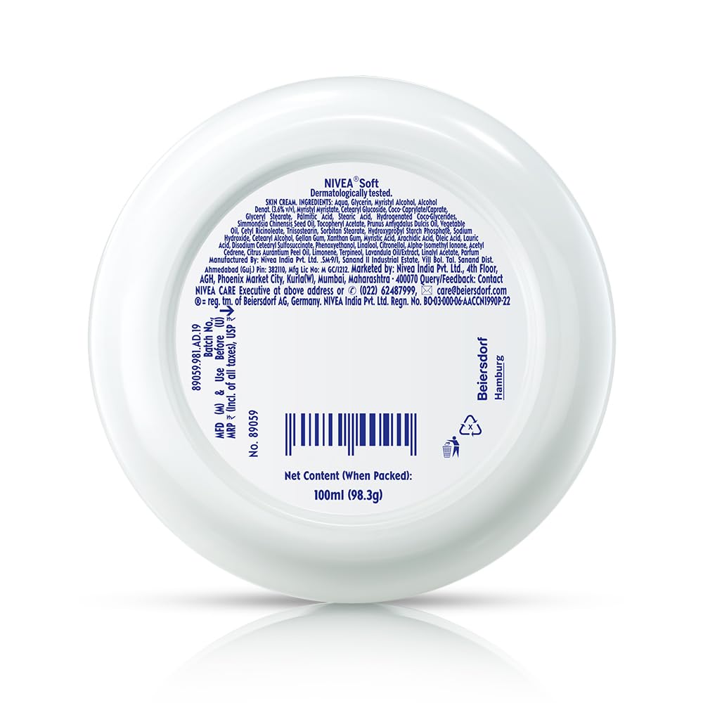 NIVEA Soft Light Moisturizer For Face, Hand & Body, Instant Hydration, Non-Greasy Cream With Vitamin E & Jojoba Oil, 100ml