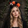 Gothic Halloween Headpiece Pumpkin Skull Floral Headband, Stable Hair Hoop with 3D Artificial Spooky Headband Flowers And Spiderweb Black Gauze Party