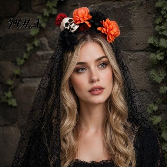 Gothic Halloween Headpiece Pumpkin Skull Floral Headband, Stable Hair Hoop with 3D Artificial Spooky Headband Flowers And Spiderweb Black Gauze Party
