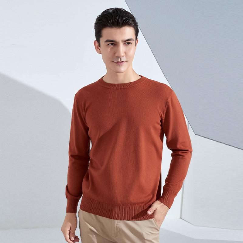 Осень и Зима Мужской Трикотажный Свитер с Круглым Вырезом, Свободный, Утепленный Пуловер, Однотонный, с Длинным Рукавом, Короткий, Деловой, Базовый, Теплый Свитер