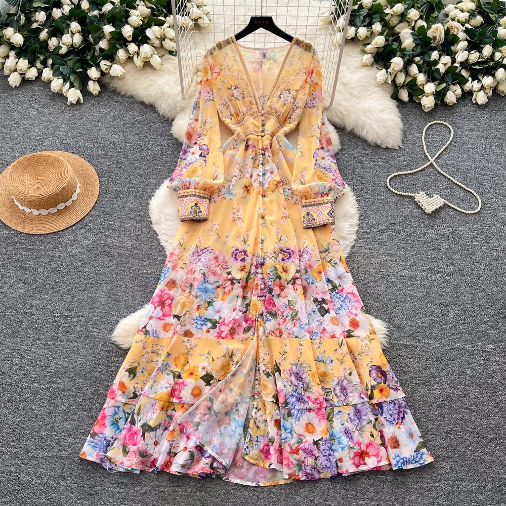 Французский holiday style цветочный принт рукав-колокол платье женское с длинным рукавом шнуровка на талии А-силуэта длинное платье элегантный темперамент