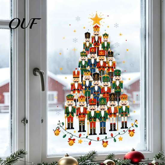 Customizable Christmas Window Art Nutcracker Tree Cling, Glass Sticker with Star Topper & Festive Holiday Beautification Colorful Lights, Decorative