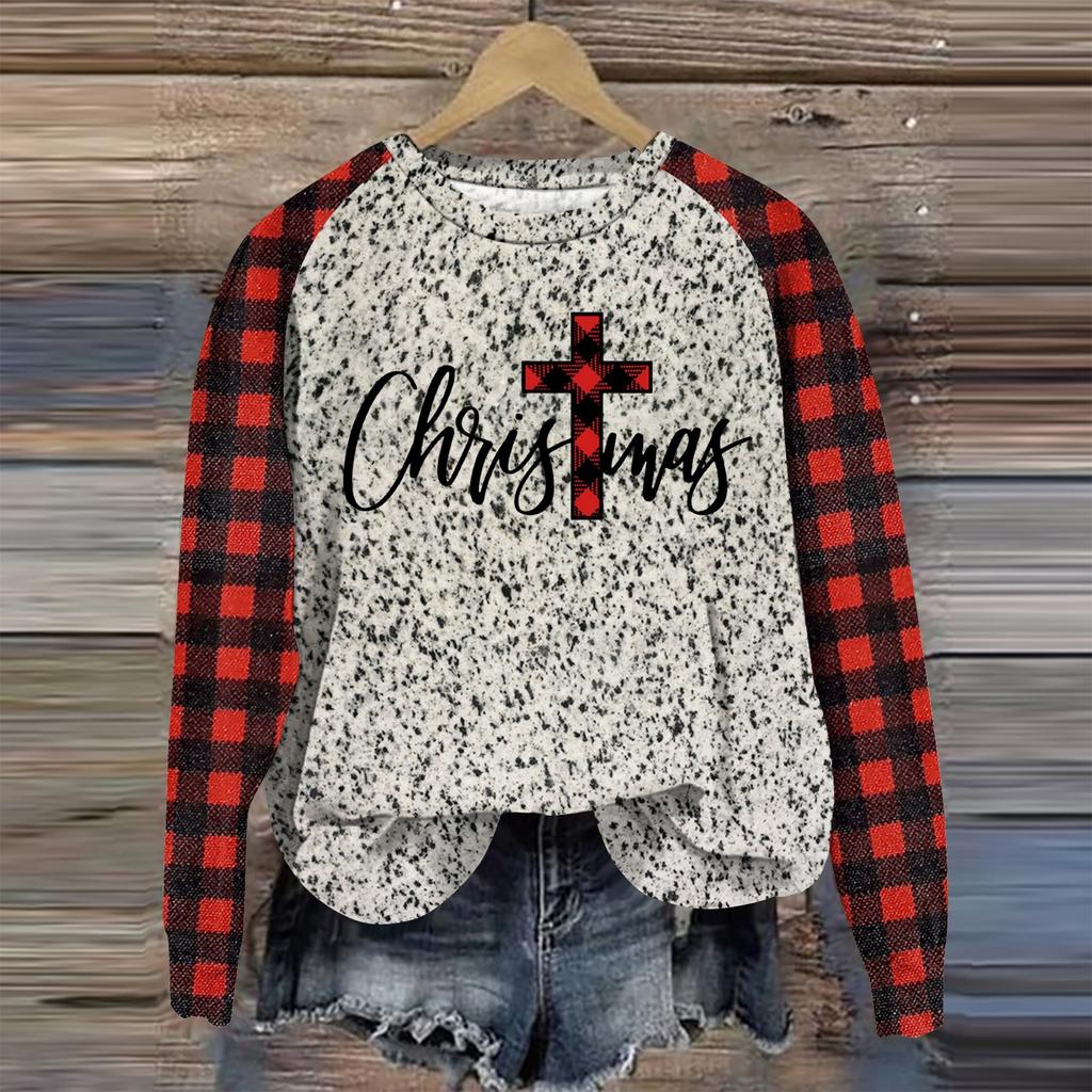Women's Fashion Round Neck Pullover Plunging Sleeve Tee Christmas Printed Top