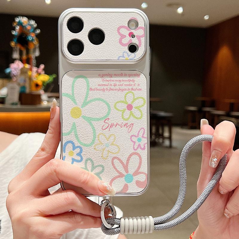 Романтичный Чехол-Ремешок из Кожи с Рисунком Цветов Роз Для iPhone 18 Pro Max Гибридный Мягкий Противоскользящий Чехол из TPU+PU Для iPhone 17 16 15 14 13 Pro Max