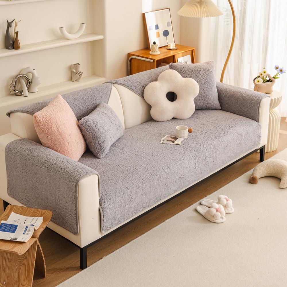 Lamb Wool Sofa Cushion Autumn And Winter New Thickened Non-Slip Seat Cushion Plush Sofa Cover Cover Cloth Solid Color