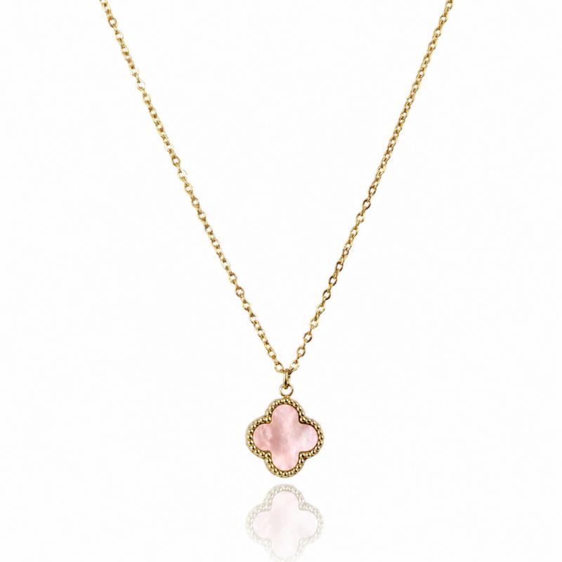 14K Gold Plated Stainless Steel Necklace, 13mm Clover, Pink Nst2302