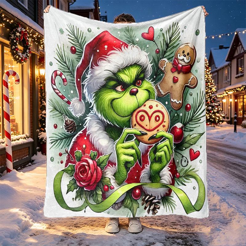 The Grinch Pattern Blanket for Home Decoration, Bed, Sofa, Car Travel, Camping, Suitable for All Seasons, Birthday Christmas Gift