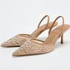 Fashion Mesh Embroidery Beige Heeled Sandals Women Sexy Pointed Toe String Bead Slingback High Heels Summer Elegant Banquet Dress Shoes